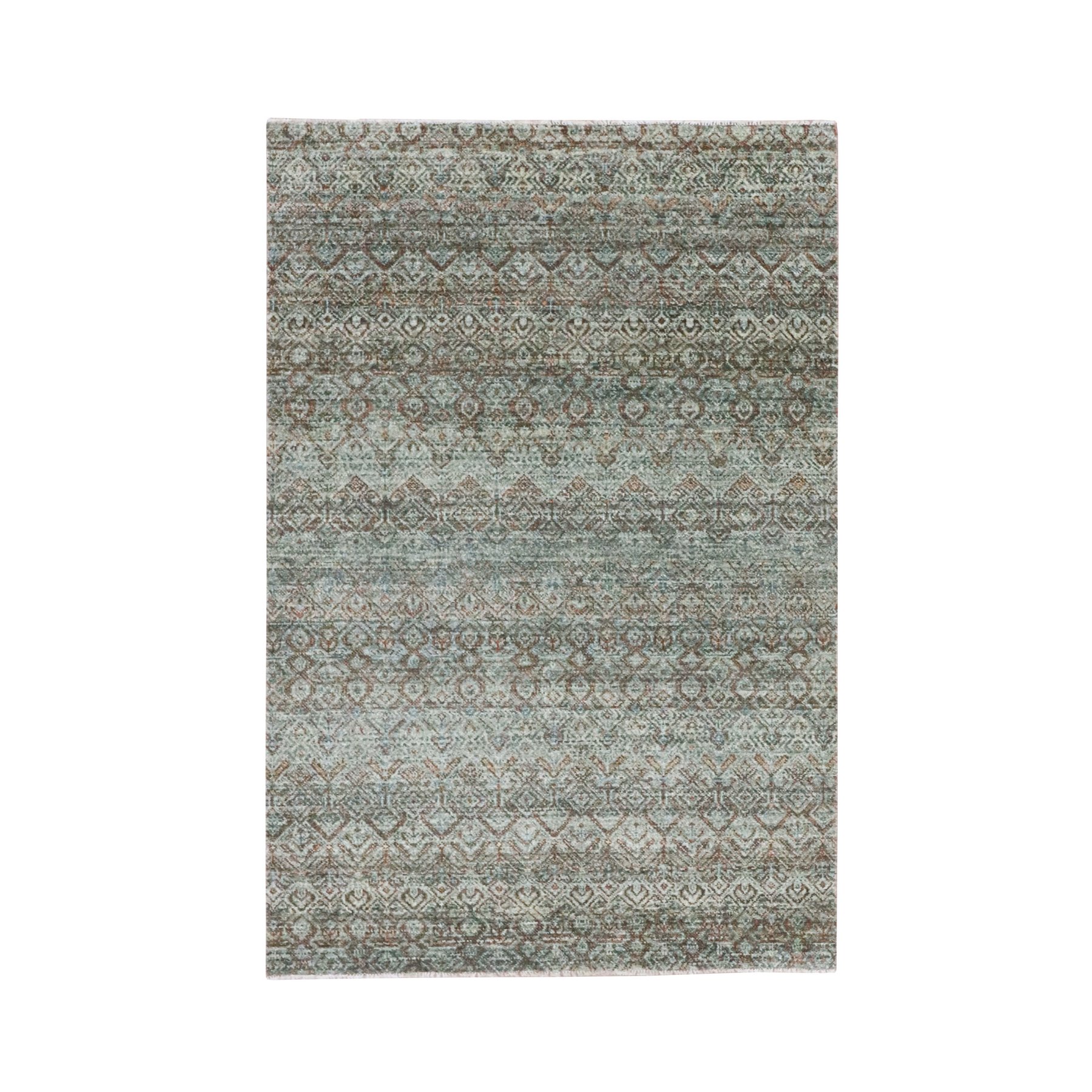 4'1"x6'1" Sage Green, Tone on Tone, Hand Knotted, Kohinoor Herat Pattern, Small Geometric Repetitive Diamond Design, Soft Wool, Oriental Rug 